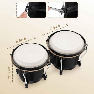 Bongo Drums 6” and 7”  Wood Percussion Instrument Bongos for Kids Adults Beginners Natural Finish