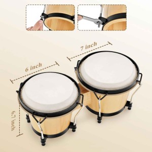 Bongo Drums 6” and 7”  Wood Percussion Instrument Bongos for Kids Adults Beginners Natural Finish