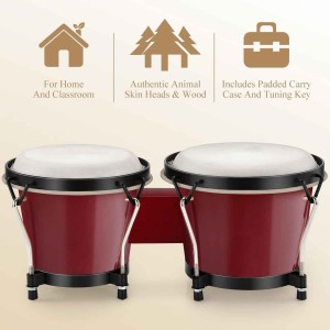 Bongo Drums 6” and 7”  Wood Percussion Instrument Bongos for Kids Adults Beginners Natural Finish