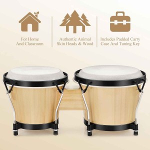 Bongo Drums 6” and 7”  Wood Percussion Instrument Bongos for Kids Adults Beginners Natural Finish