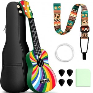 Hawaiian Ukulele Gift Set: 21-Inch Soprano Ukulele Beginner Kit with Cartoon Taheme, Mahogany Wood, Gig Bag, Shoulder Strap, and Fretboard Stickers for Kids and Adults