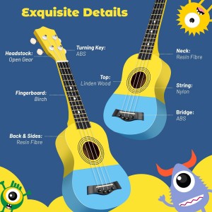 Hawaiian Ukulele Gift Set: 21-Inch Soprano Ukulele Beginner Kit with Cartoon Theme, Mahogany Wood, Gig Bag, Shoulder Strap, and Fretboard Stickers for Kids and Adults