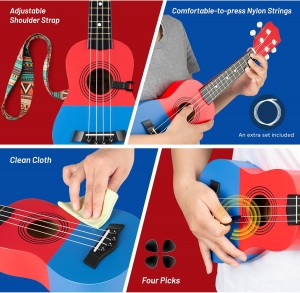 Hawaiian Ukulele Gift Set: 21-Inch Soprano Ukulele Beginner Kit with Cartoon Taheme, Mahogany Wood, Gig Bag, Shoulder Strap, and Fretboard Stickers for Kids and Adults