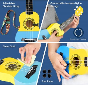 Hawaiian Ukulele Gift Set: 21-Inch Soprano Ukulele Beginner Kit with Cartoon Theme, Mahogany Wood, Gig Bag, Shoulder Strap, and Fretboard Stickers for Kids and Adults