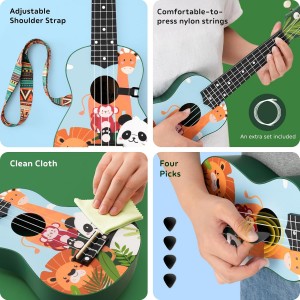 Hawaiian Ukulele Gift Set: 21-Inch Soprano Ukulele Beginner Kit with Cartoon Taheme, Mahogany Wood, Gig Bag, Shoulder Strap, and Fretboard Stickers for Kids and Adults