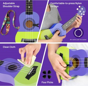 Hawaiian Ukulele Gift Set: 21-Inch Soprano Ukulele Beginner Kit with Cartoon Taheme, Mahogany Wood, Gig Bag, Shoulder Strap, and Fretboard Stickers for Kids and Adults