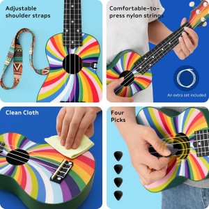 Hawaiian Ukulele Gift Set: 21-Inch Soprano Ukulele Beginner Kit with Cartoon Taheme, Mahogany Wood, Gig Bag, Shoulder Strap, and Fretboard Stickers for Kids and Adults