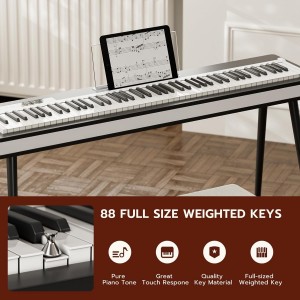 88 Weighted Key Digital Electronic Piano Keyboard, Intelligent Touch Button, Piano Stand, USB, MIDI, 3 Pedal, White