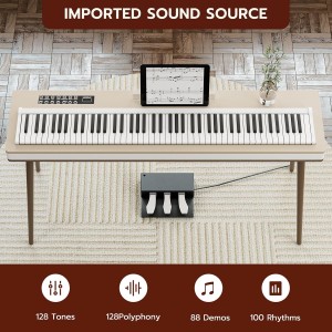 88 Weighted Key Digital Electronic Piano Keyboard, Intelligent Touch Button, Piano Stand, USB, MIDI, 3 Pedal, Beige